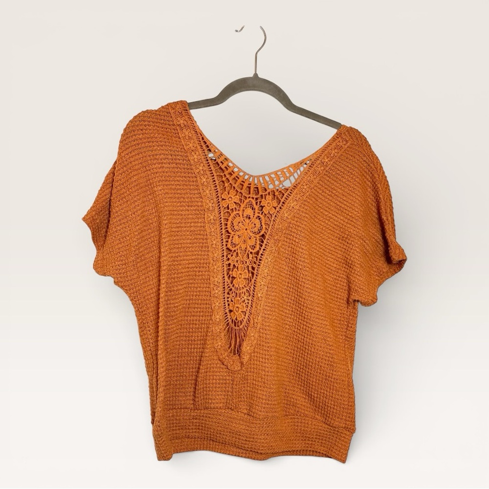 Cinnamon Brown Crochet Lace Bohemian Romantic Knit Top Medium